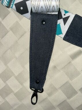 Teal, Black & White Geometric Crossbody Strap with Denim Ends
